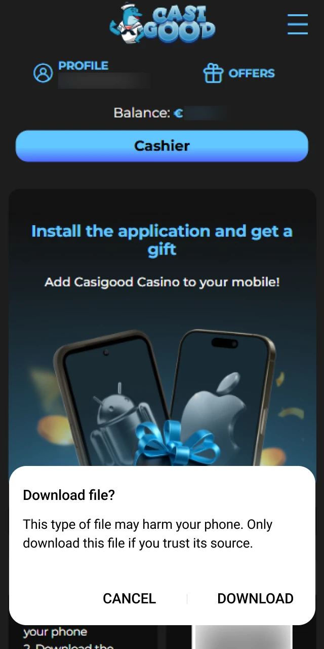 Agree to the download pop-up to save the Casigood APK.