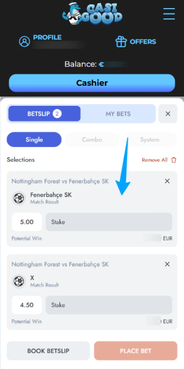Choose a sports market within the Casigood App for your bet.