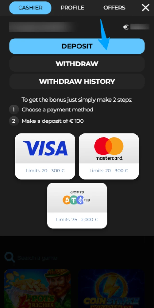 Deposit funds into your Casigood App to start real betting.