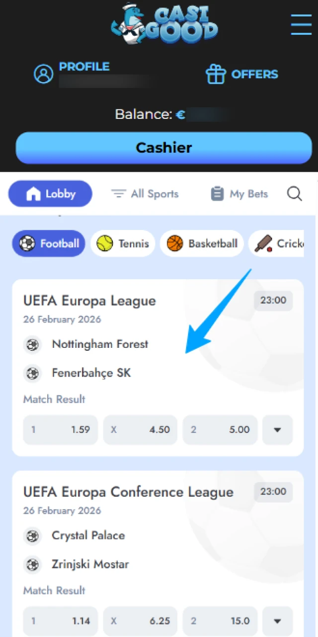 Open the Casigood App sports section and select your match.