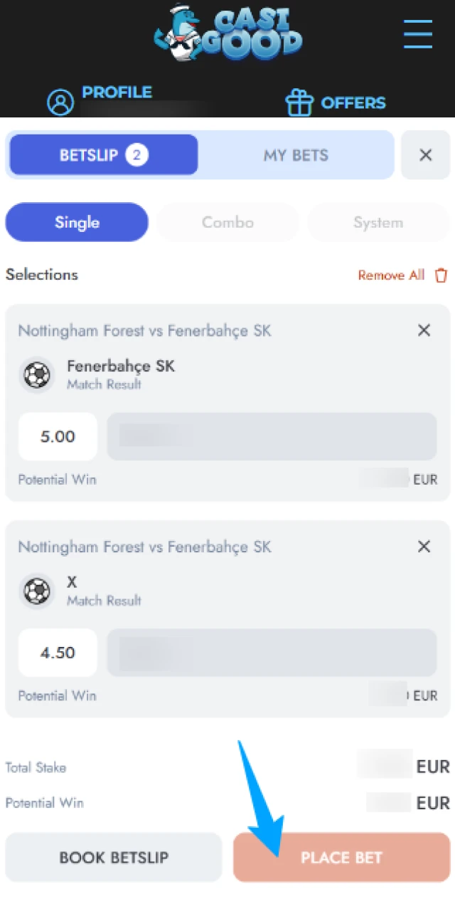 Withdraw your winnings from the Casigood App after the sports event.