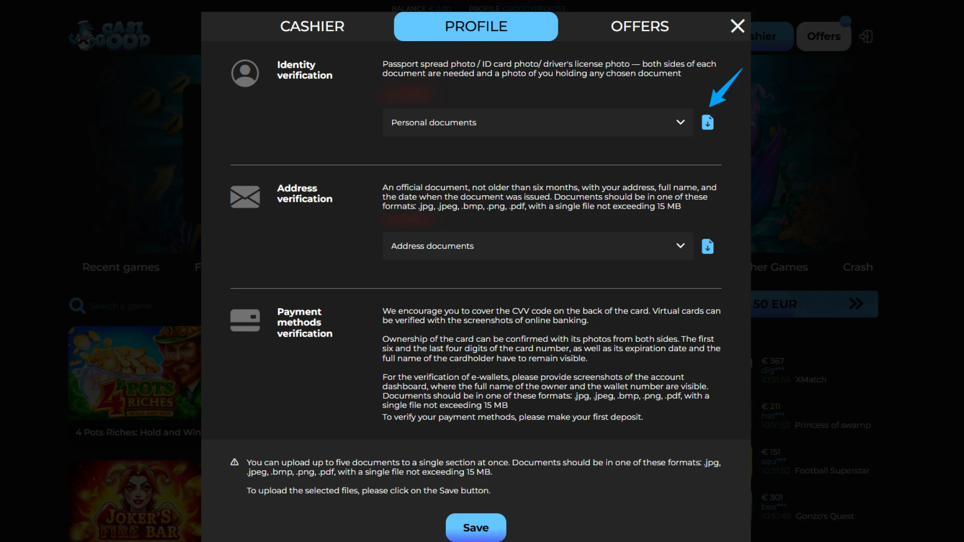 Upload your ID for Casigood verification and start betting safely.