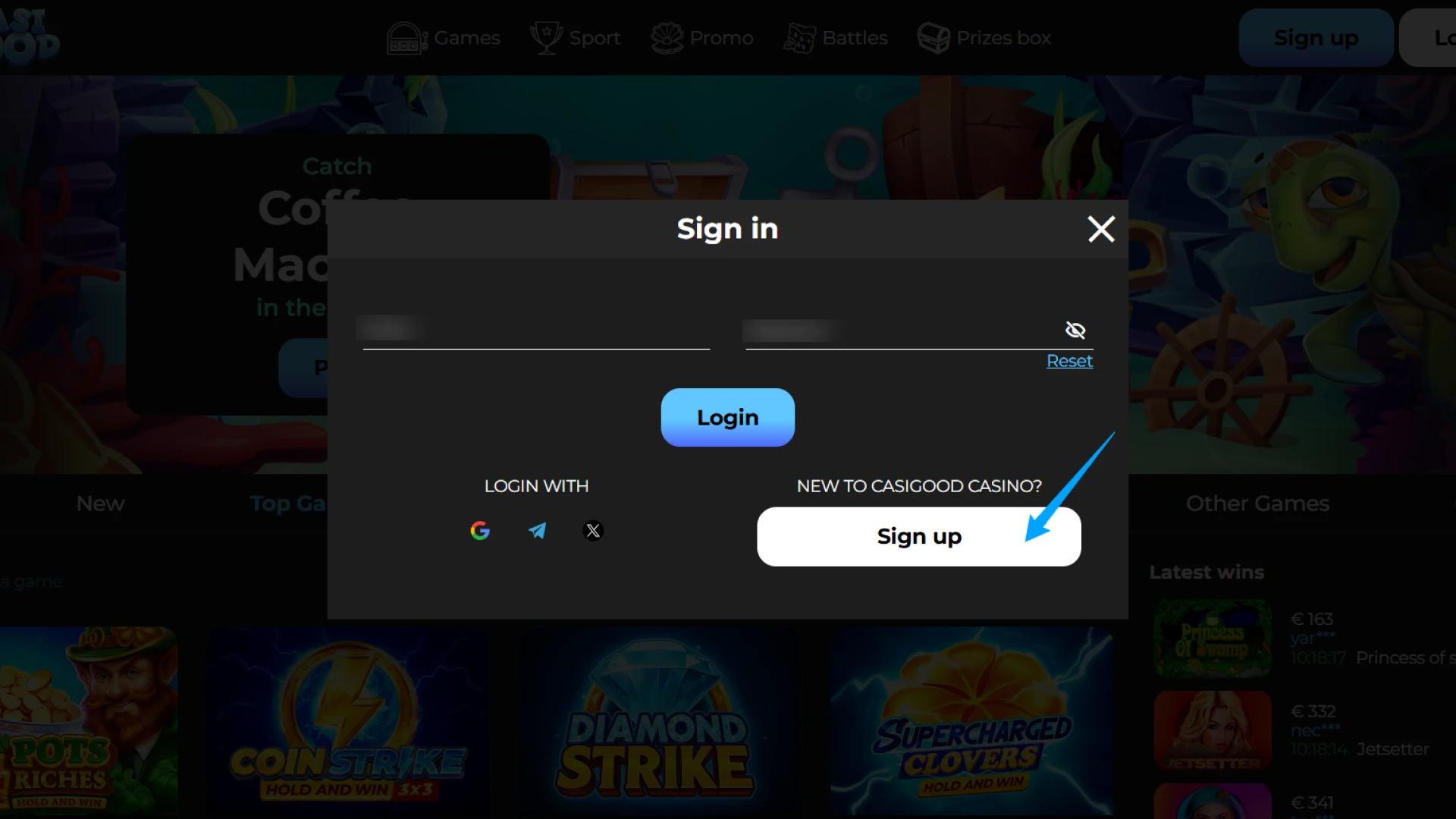 Press the Login button at Casigood and check your balance.