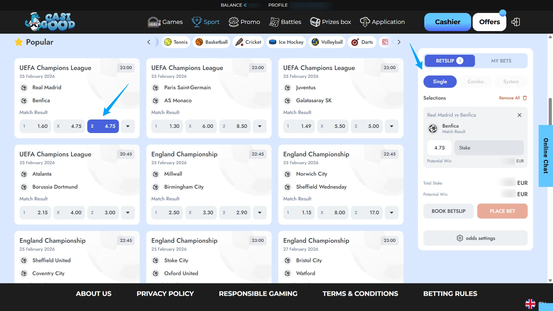 Click the sports odds at Casigood to update your betting slip.