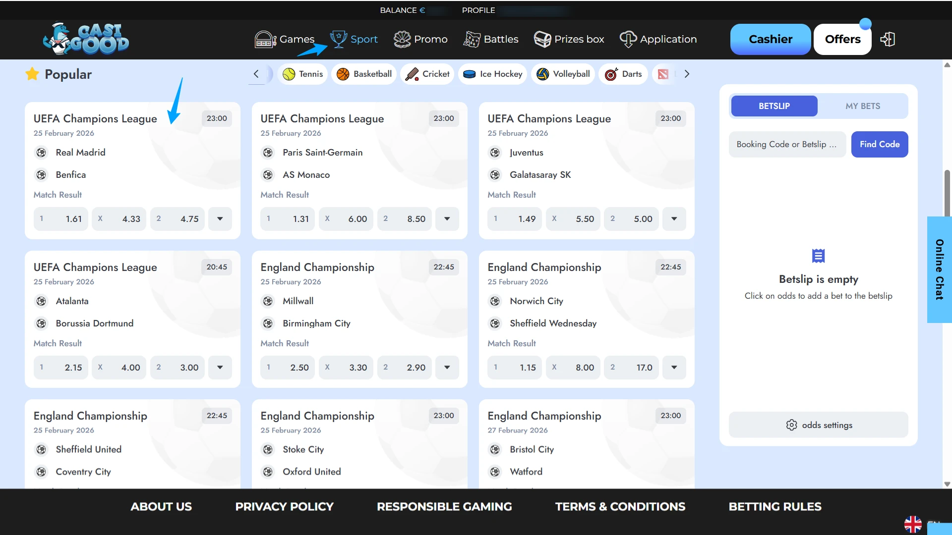 Select a sports event on the Casigood website and place bets.