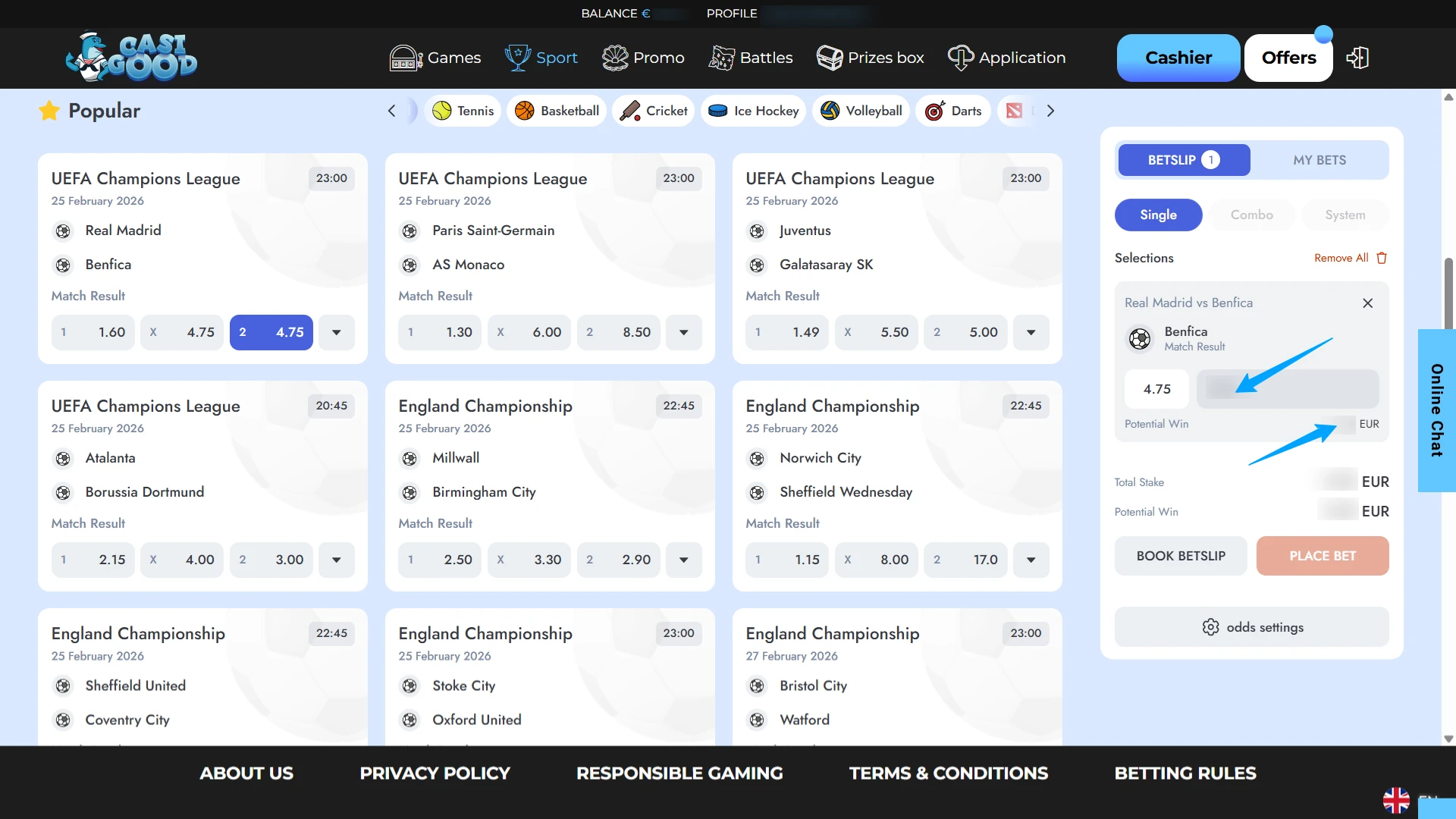 Enter your sports stake on the Casigood website and win.