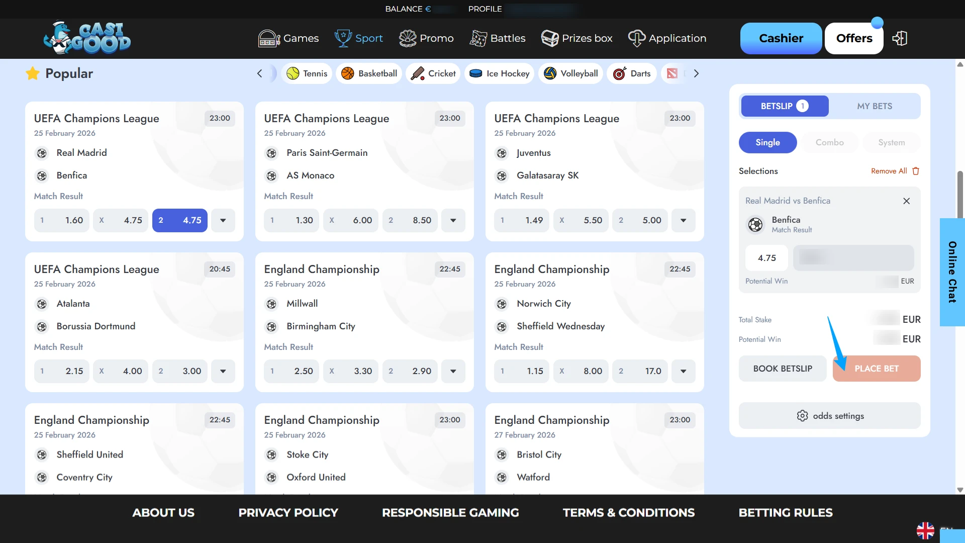 Track your sports bets at Casigood and use the cashout feature.