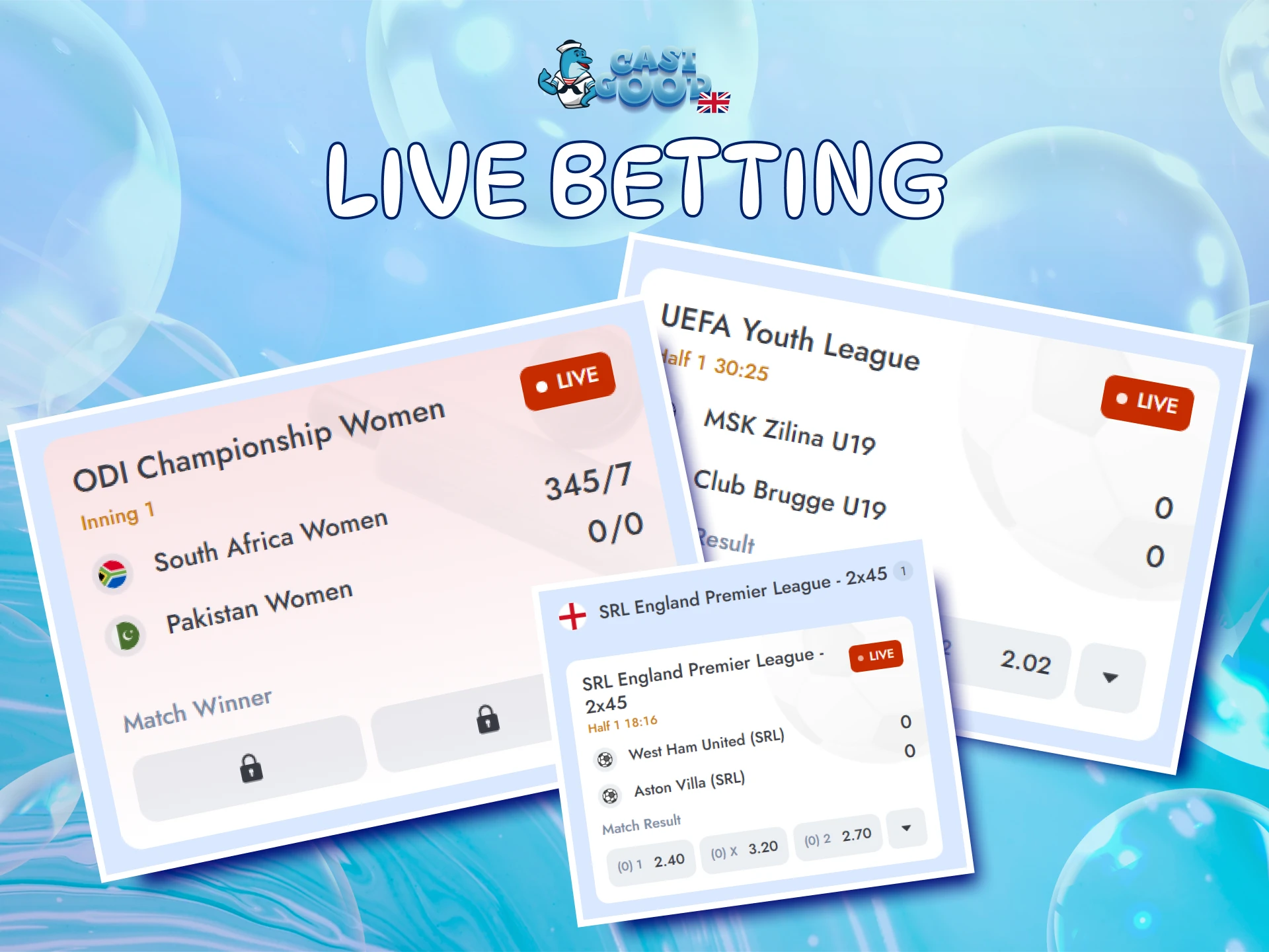 Place exciting live bets at Casigood as the match action unfolds.