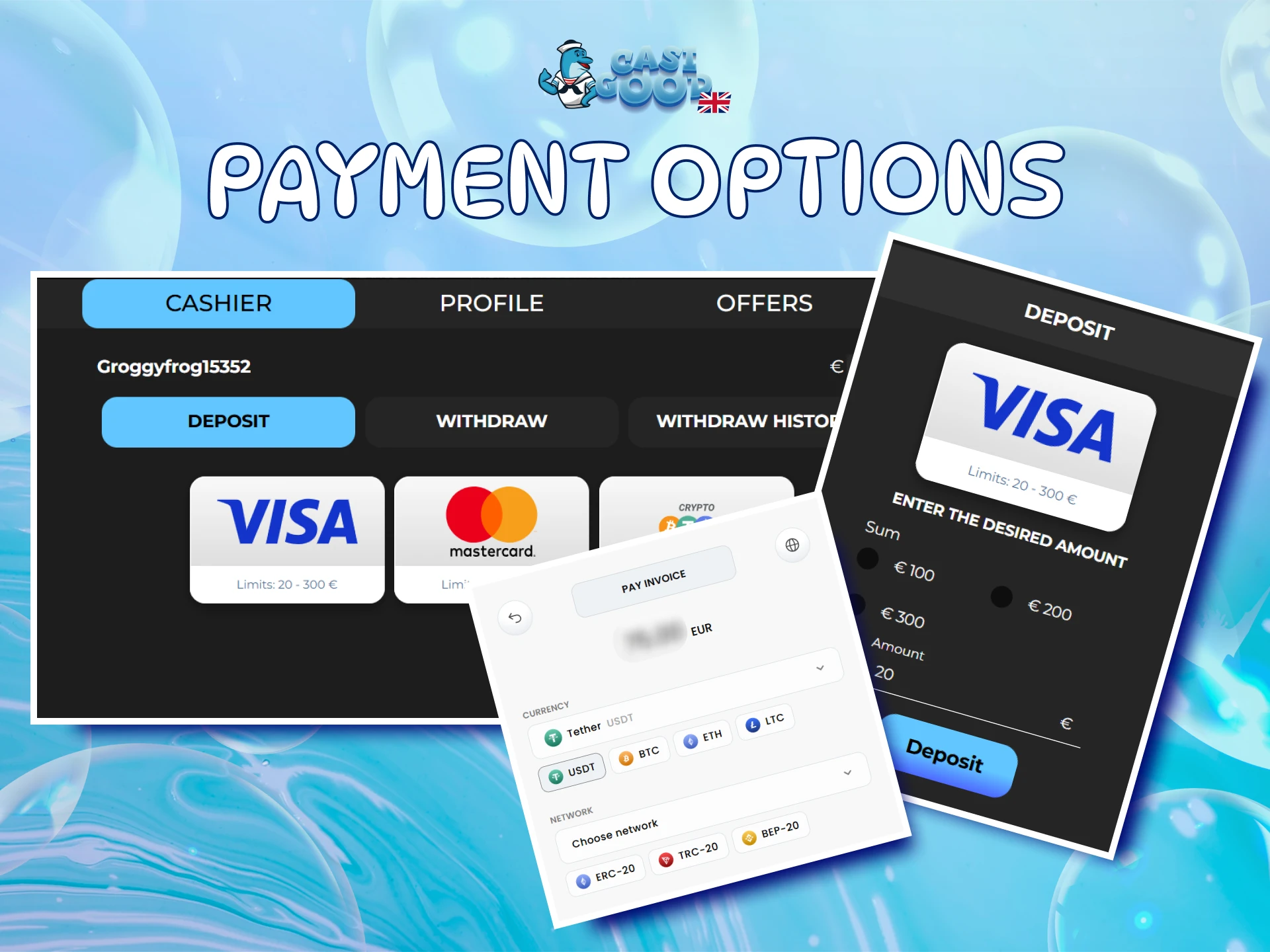 Deposit funds using secure Casigood website payment methods to start playing instantly.