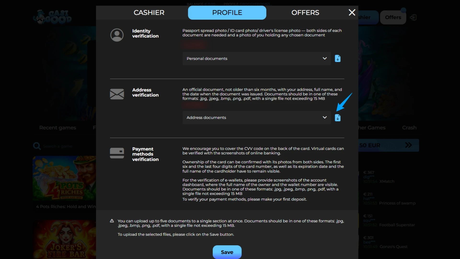 Provide address confirmation to verify your Casigood account in United Kingdom.