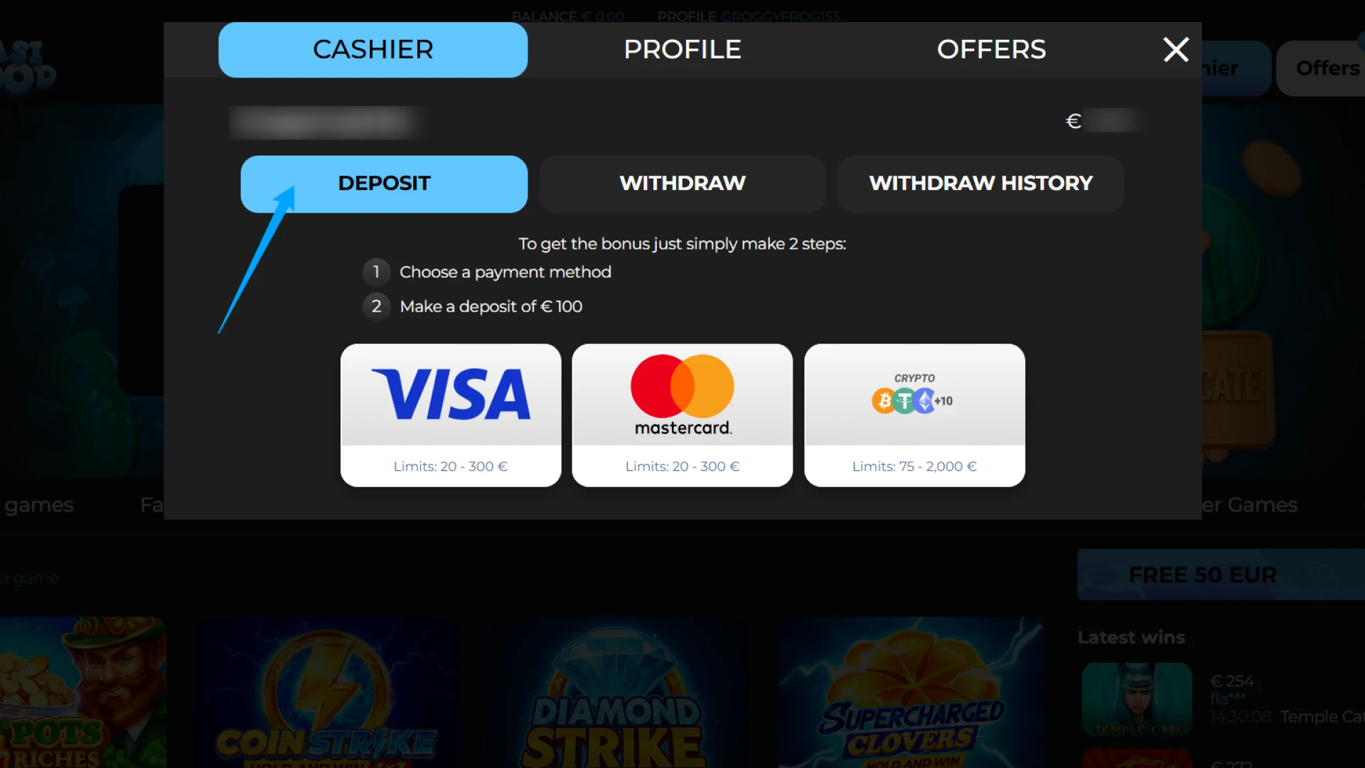 Visit the Casigood Registration cashier section to manage your funds.