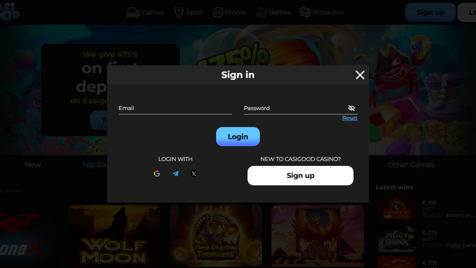 Log in to your Casigood account to access premium casino games.
