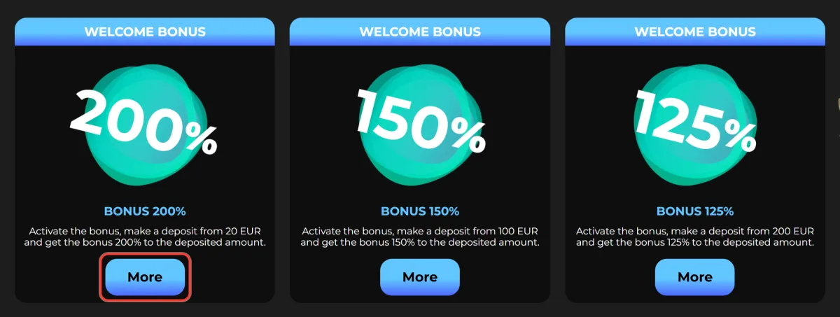 More button on the 200% welcome bonus card that opens the offer terms