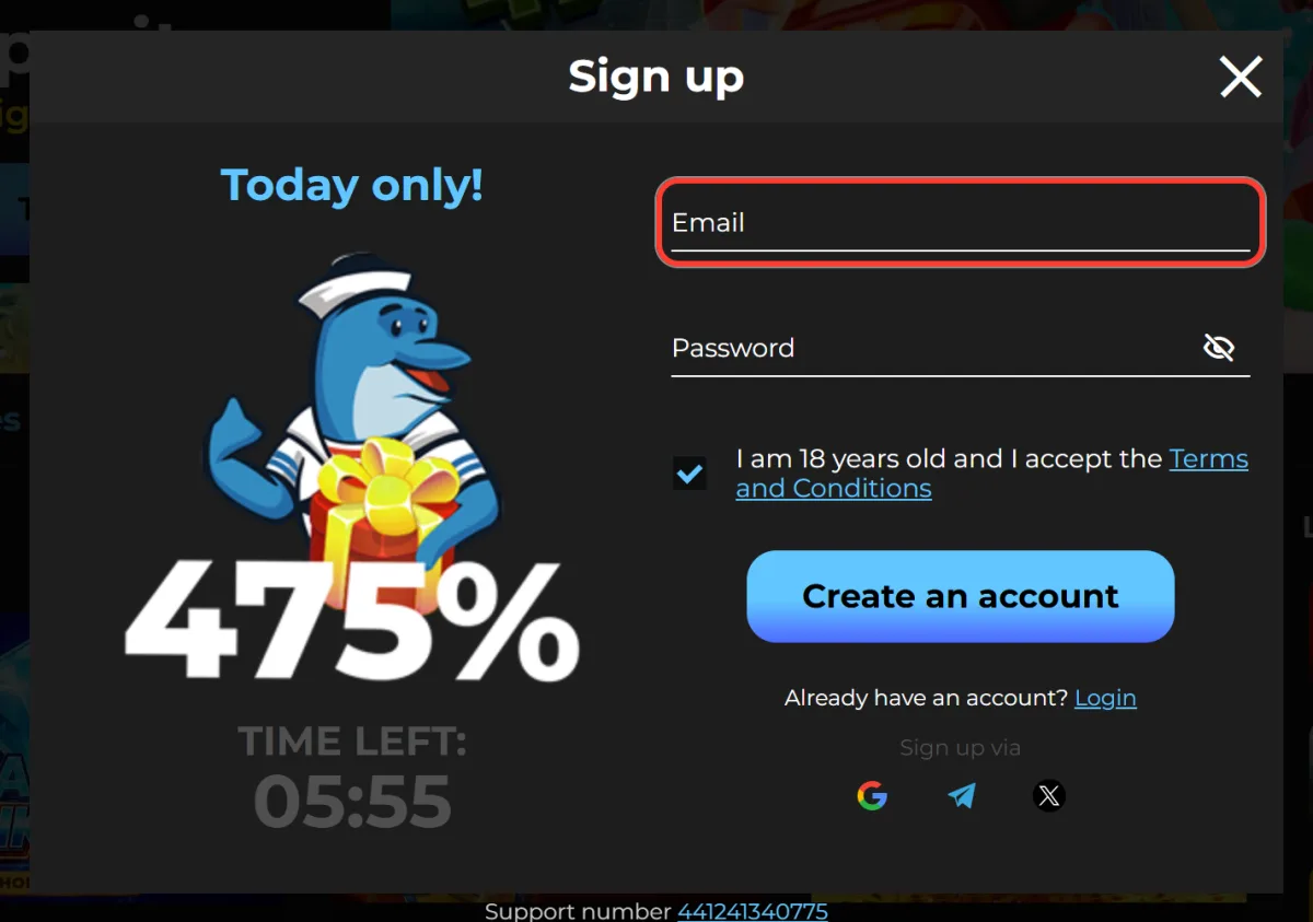 Email field in the Casigood Sign up window