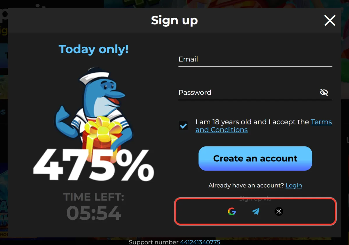 Sign up via Google, Telegram or X icons in the registration window